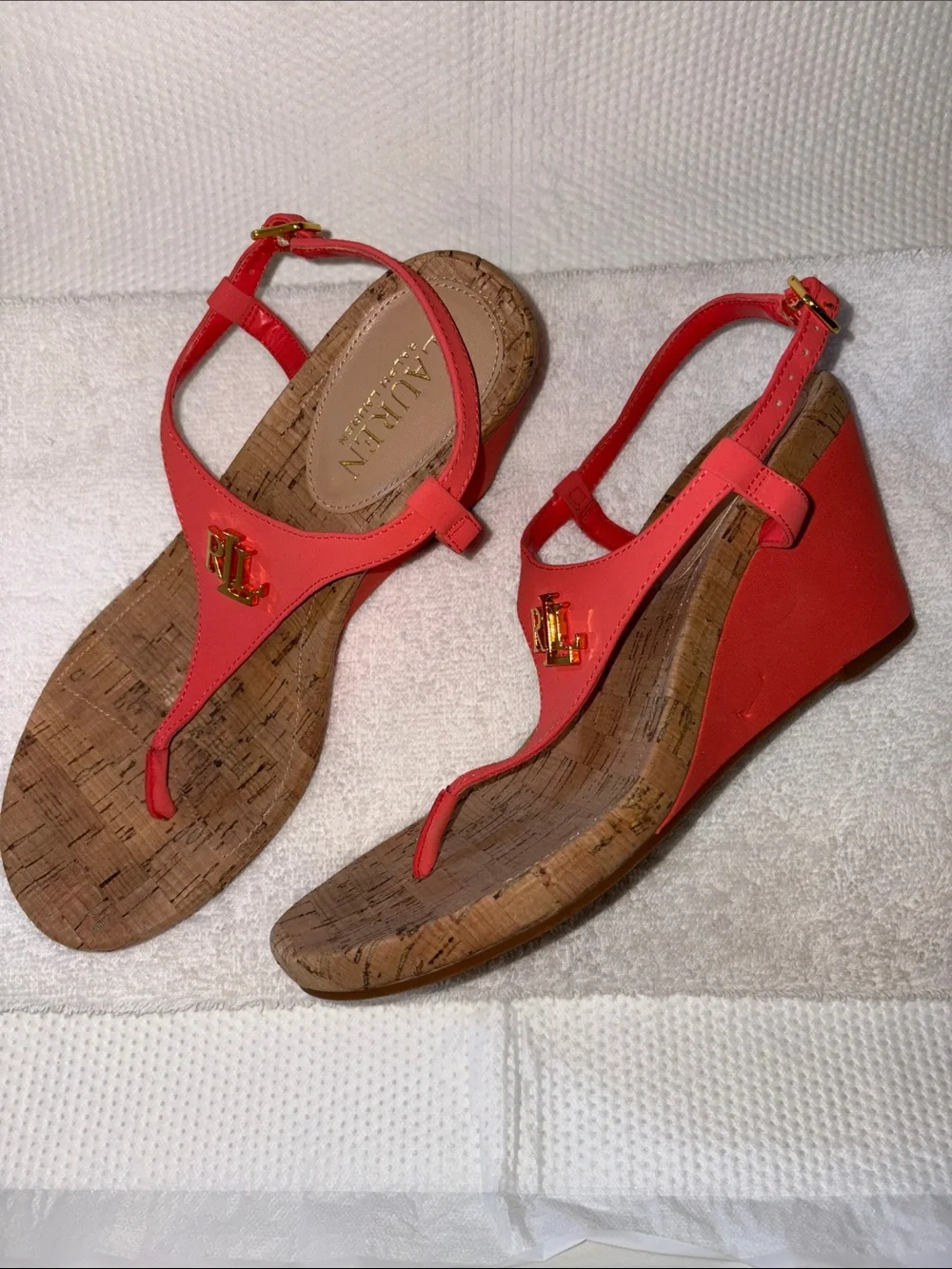 Lauren Ralph Coral Thong Wedge Sandals with Gold RL Emblem